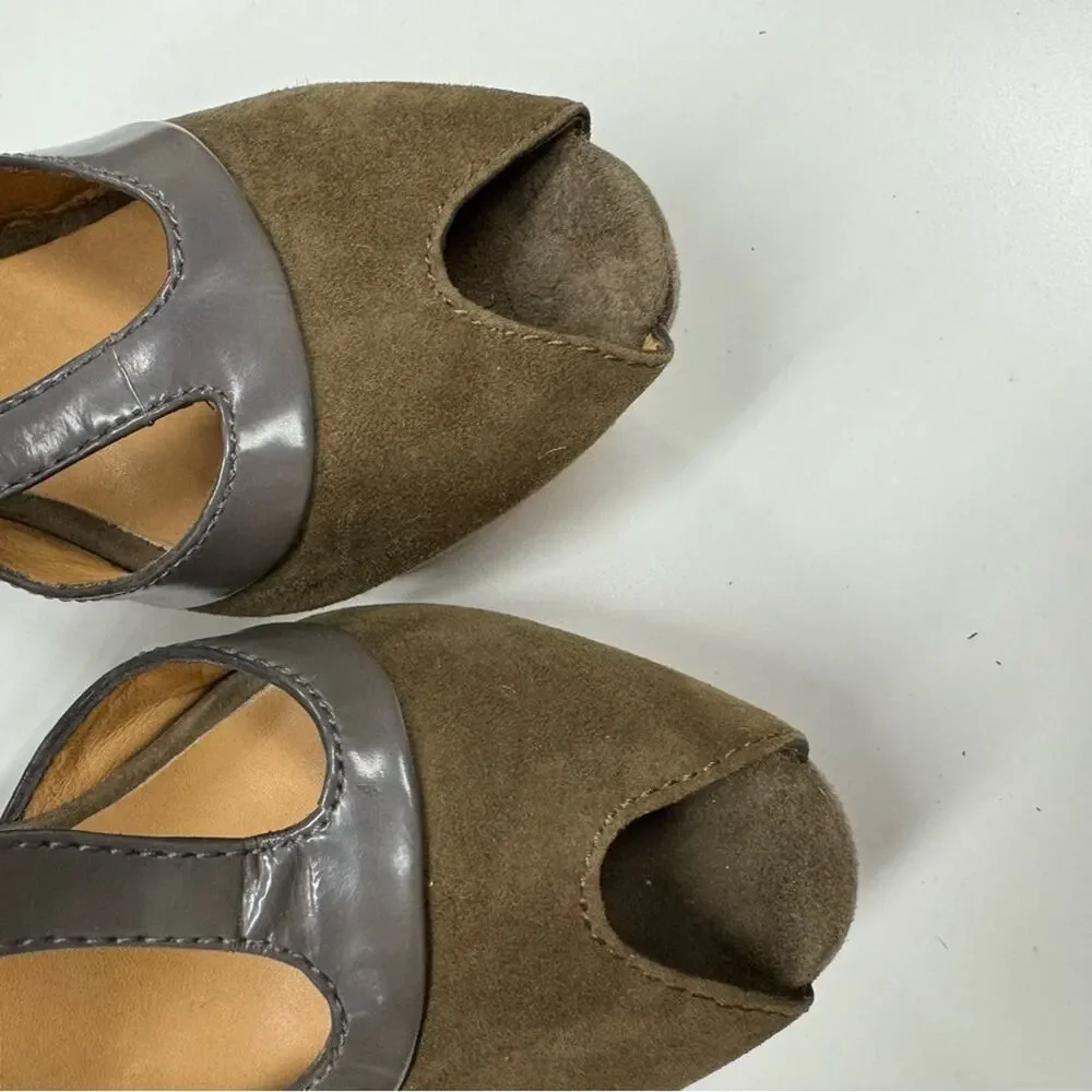 L.A.M.B. Olive Green & Grey Leather Contrast Stiletto Heels Womens 6 Y2K Suede